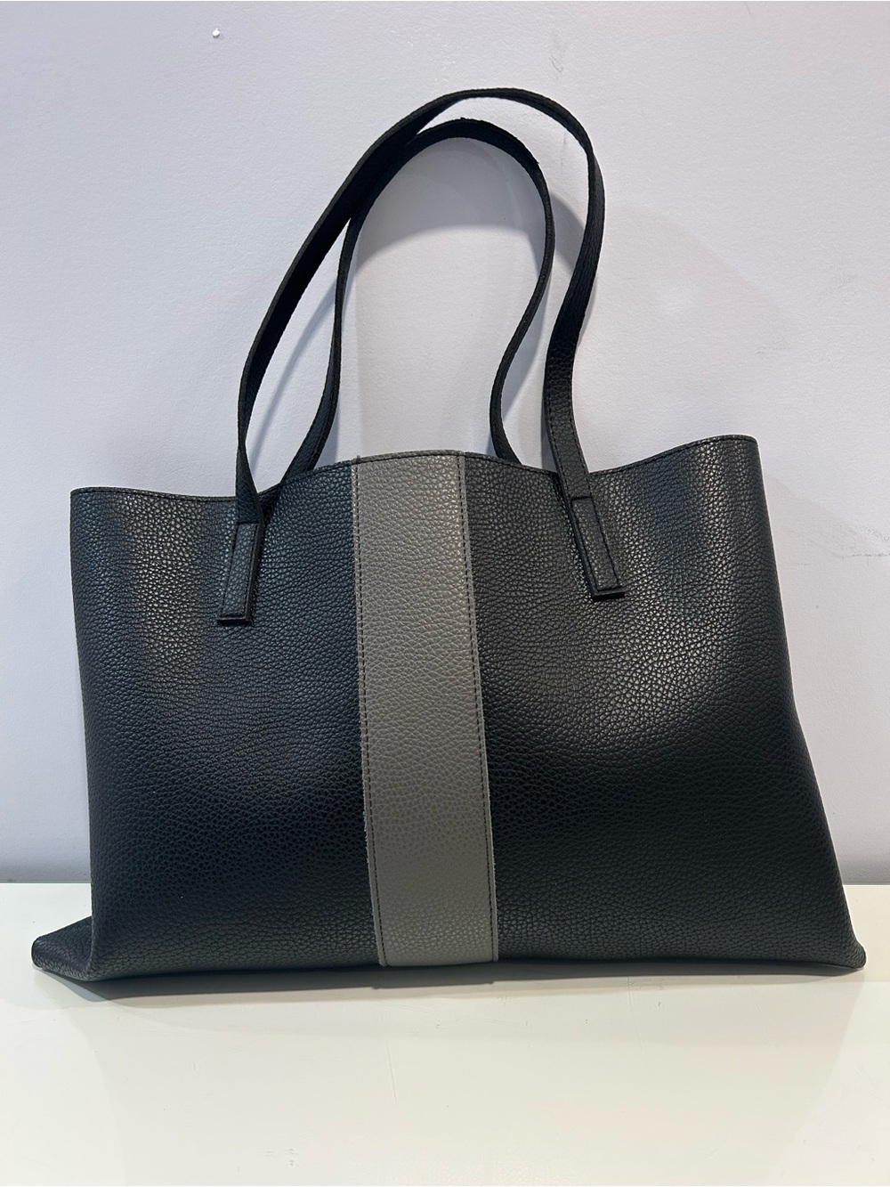 Vince Camuto Black Tote Bag with Gray Center Stripe - Women